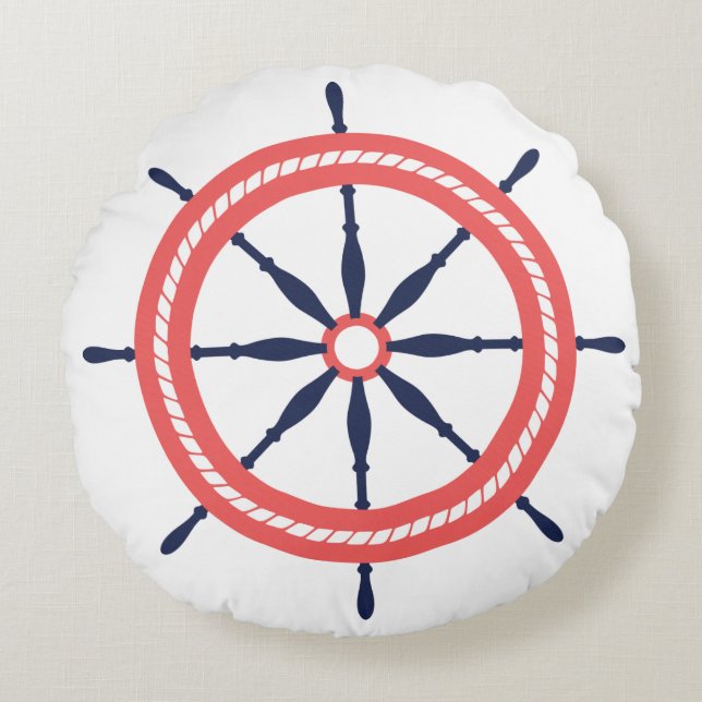 Nautical Coral Orange Navy Take the Helm Mate! Round Pillow (Front)