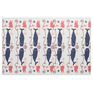 Nautical Coral Orange Navy Whales Ropes and Banner Fabric