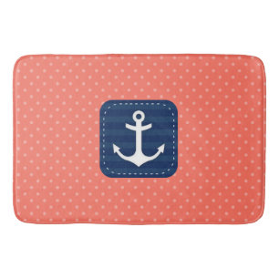 Nautical Coral Polka Dot Pattern Navy Blue Anchor Bath Mat