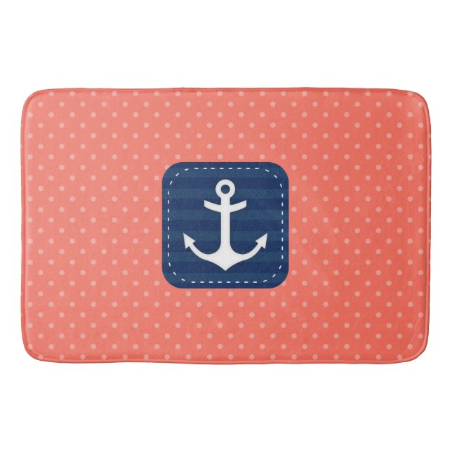 Nautical Coral Polka Dot Pattern Navy Blue Anchor Bath Mat (Front)