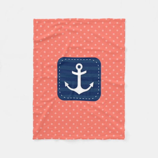 Nautical Coral Polka Dot Pattern Navy Blue Anchor Fleece Blanket (Front)
