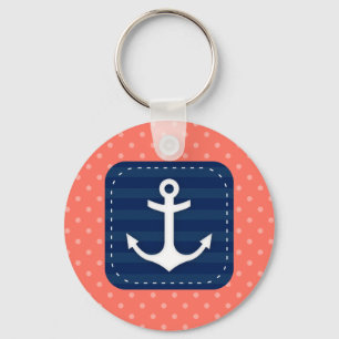 Nautical Coral Polka Dot Pattern Navy Blue Anchor Keychain