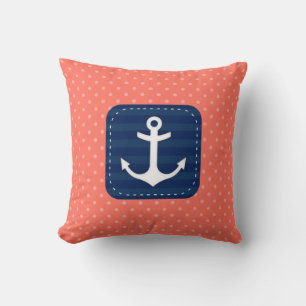 Nautical Coral Polka Dot Pattern Navy Blue Anchor Throw Pillow