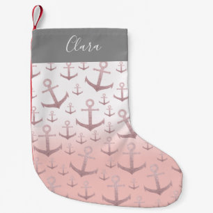 Nautical coral rose gold glitter anchor pattern small christmas stocking