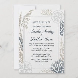 Nautical Coral, Sea Oats, Compass Rose, Rope Borde Invitation