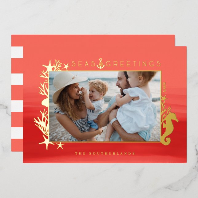 Nautical Coral Seas & Greetings Ocean Photo Frame Foil Holiday Card (Front/Back)