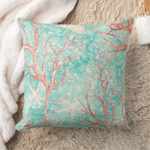 Nautical Coral Starfish Pattern Throw Pillow