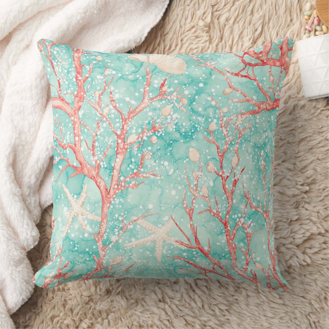 Nautical Coral Starfish Pattern Throw Pillow (Blanket)