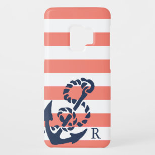 Nautical Coral Stripe & Navy Anchor Monogram Case-Mate Samsung Galaxy S9 Case
