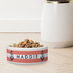 Nautical Coral Stripe & Navy Anchor Personalized Bowl