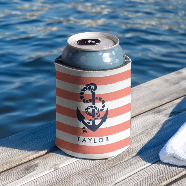 Nautical Coral Stripe & Navy Anchor Personalized Can Cooler (Creator Uploaded)