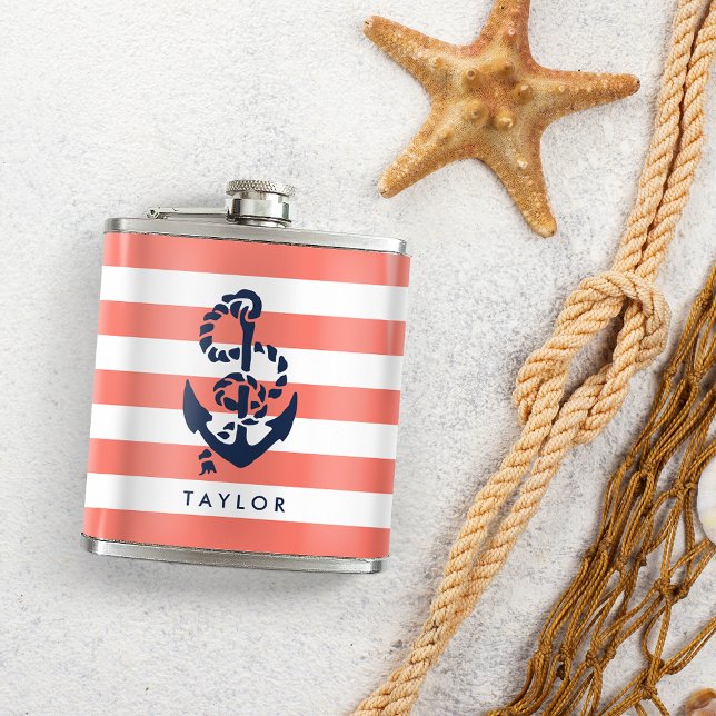 Nautical Coral Stripe & Navy Anchor Personalized Hip Flask (Creator Uploaded)
