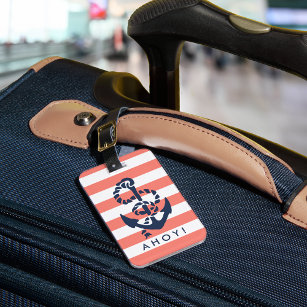 Nautical Coral Stripe Navy Anchor Personalized Luggage Tag