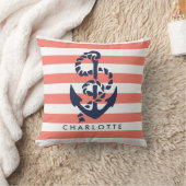 Nautical Coral Stripe & Navy Anchor Personalized Throw Pillow (Blanket)