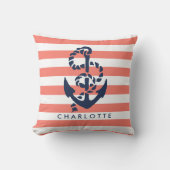 Nautical Coral Stripe & Navy Anchor Personalized Throw Pillow (Front)