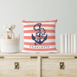 Nautical Coral Stripe & Navy Anchor Personalized Throw Pillow<br><div class="desc">Design features a classic navy blue anchor and rope illustration on a coral and white stripe background. Personalize with a name or text of your choice,  or simply delete the sample text to leave blank. Coordinating accessories available in our shop!</div>