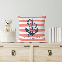 Nautical Coral Stripe & Navy Anchor Personalized
