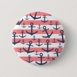 Nautical coral stripe navy blue anchor pattern 2 inch round button