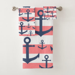 Nautical coral stripe navy blue anchor pattern bath towel set
