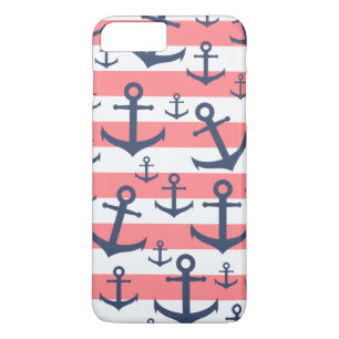 Nautical coral stripe navy blue anchor pattern Case-Mate iPhone case