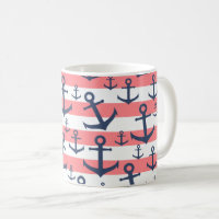 Nautical coral stripe navy blue anchor pattern