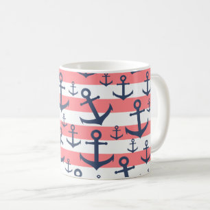 Nautical coral stripe navy blue anchor pattern coffee mug