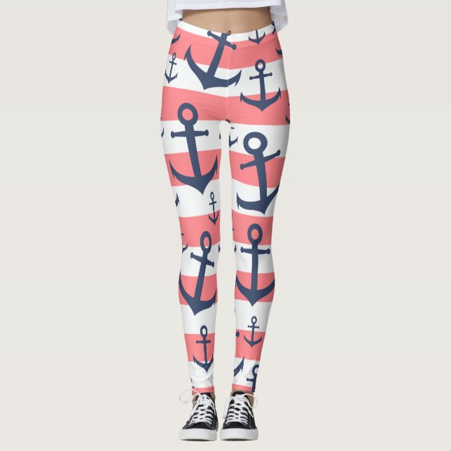 Nautical coral stripe navy blue anchor pattern leggings (Front)
