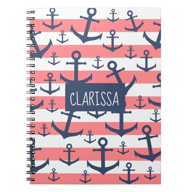 Nautical coral stripe navy blue anchor pattern notebook (Front)