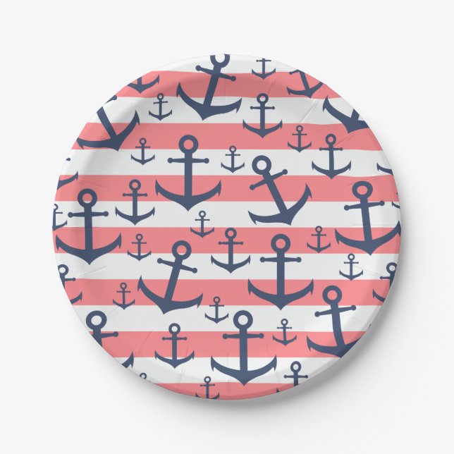 Nautical coral stripe navy blue anchor pattern paper plate (Front)