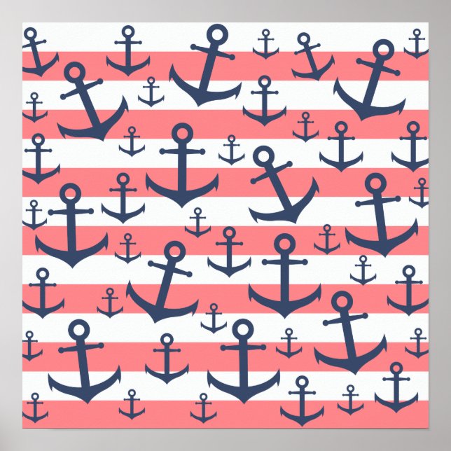 Nautical coral stripe navy blue anchor pattern poster (Front)