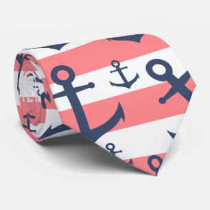 Nautical coral stripe navy blue anchor pattern tie