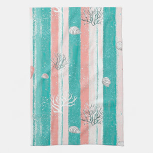 Nautical Coral Stripe Pattern Kitchen Towel