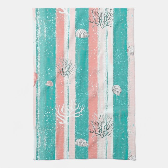 Nautical Coral Stripe Pattern Kitchen Towel (Vertical)