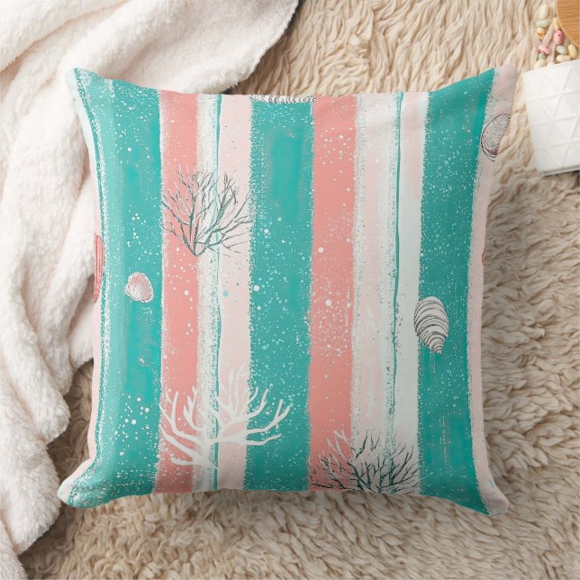 Nautical Coral Stripe Pattern Throw Pillow (Blanket)