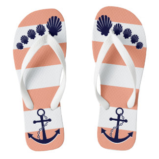 Nautical Coral Striped Navy Anchor Seashell Toes Flip Flops