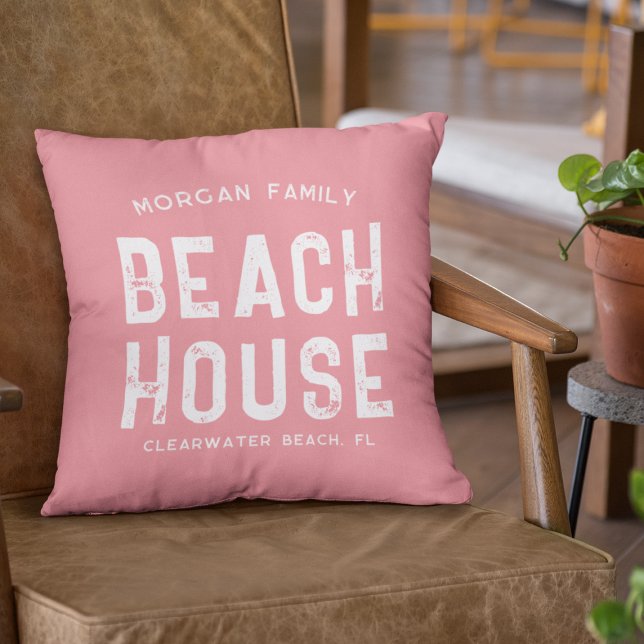 Nautical Coral & White Beach House Family Name Throw Pillow (Creator Uploaded)