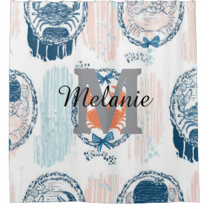 Nautical Crab Blue Orange Coastal Striped Pattern