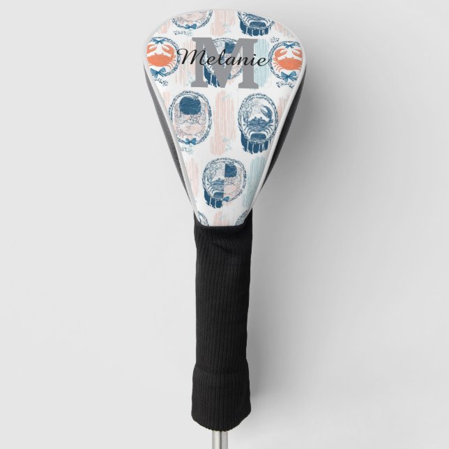 Nautical Crab Blue Orange Coastal Striped Pattern Golf Head Cover (Front)