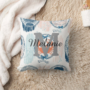 Nautical Crab Blue Orange Coastal Striped Pattern Throw Pillow