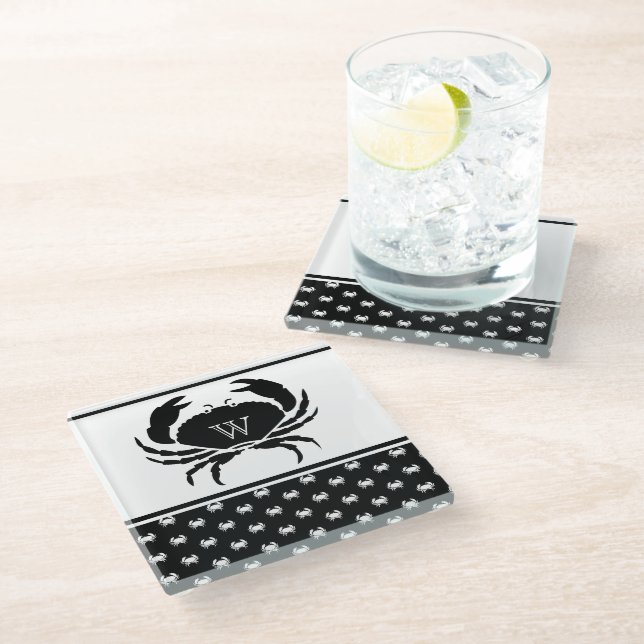  Nautical Crab Monogrammed Black and White Glass Coaster (Angled)