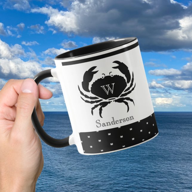  Nautical Crab Monogrammed Black and White Mug (Creator Uploaded)