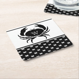 Nautical Crab Monogrammed Black and White Square Paper Coaster