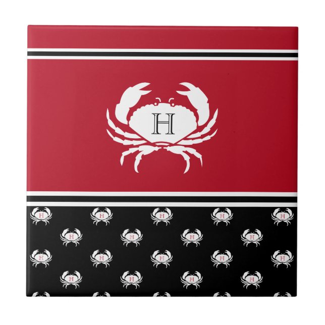  Nautical Crab Monogrammed Red Black White  Tile (Front)