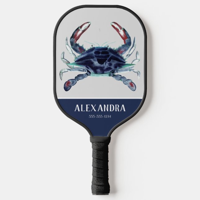 Nautical Crab Navy Blue White Monogram Name Pickleball Paddle (Front)