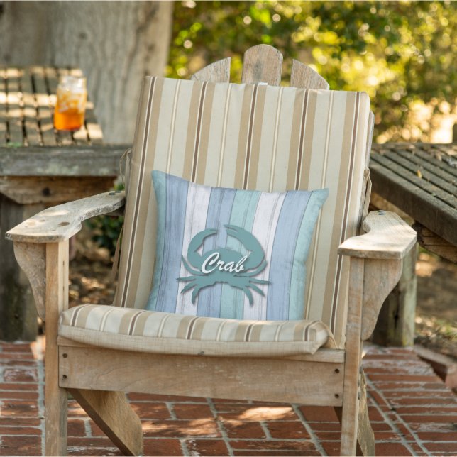 Nautical -  Crab On Teal Blue Beach Wood Outdoor Pillow (Chair)