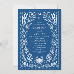 Nautical Crab Shell Ocean Beach Blue Wedding Invitation