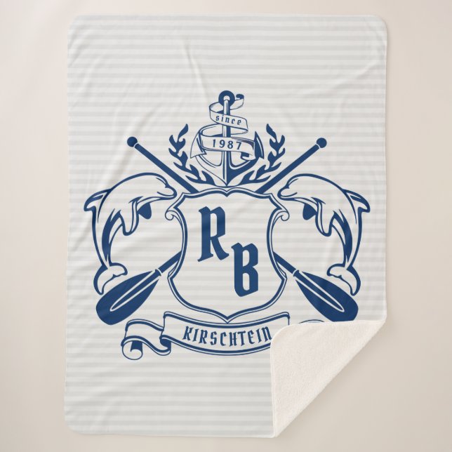 Nautical Crest Dolphins Anchor Oars Laurel Shield Sherpa Blanket (Front)