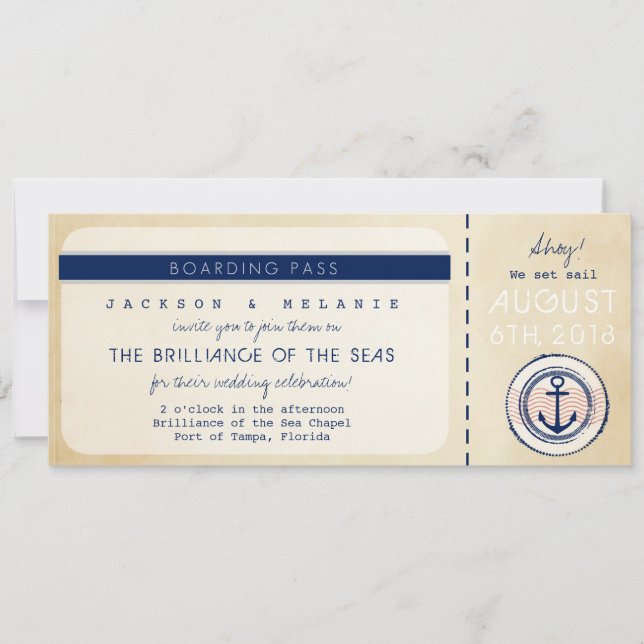 Nautical Cruise Ship Boarding Pass Wedding Invite (Front)
