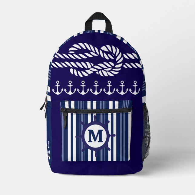 Nautical Cruise Ship Monogram Navy Blue Striped Printed Backpack (Front)