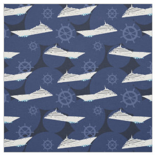 Nautical Cruise Ships Modern Blue White Pattern Fabric